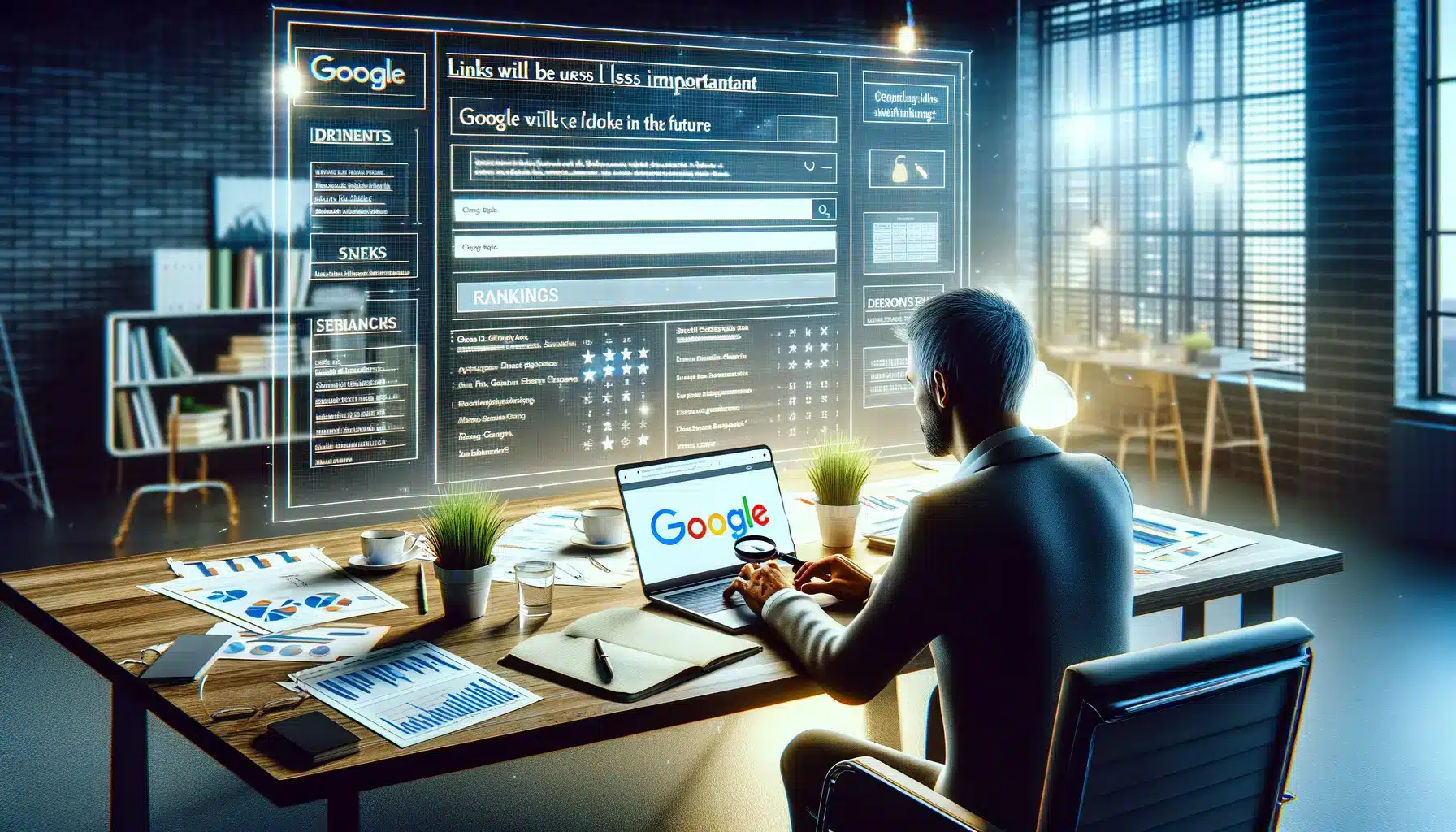 Un expert en marketing digital travaillant sur un ordinateur portable dans un bureau moderne. L'écran affiche une page de résultats de recherche Google avec des mots-clés surlignés. Autour du bureau, il y a des notes, des graphiques et des documents relatifs au SEO et aux facteurs de classement. En arrière-plan, un tableau blanc montre une liste de divers facteurs de classement avec 'Liens' barré ou dévalorisé. L'atmosphère est analytique et concentrée.